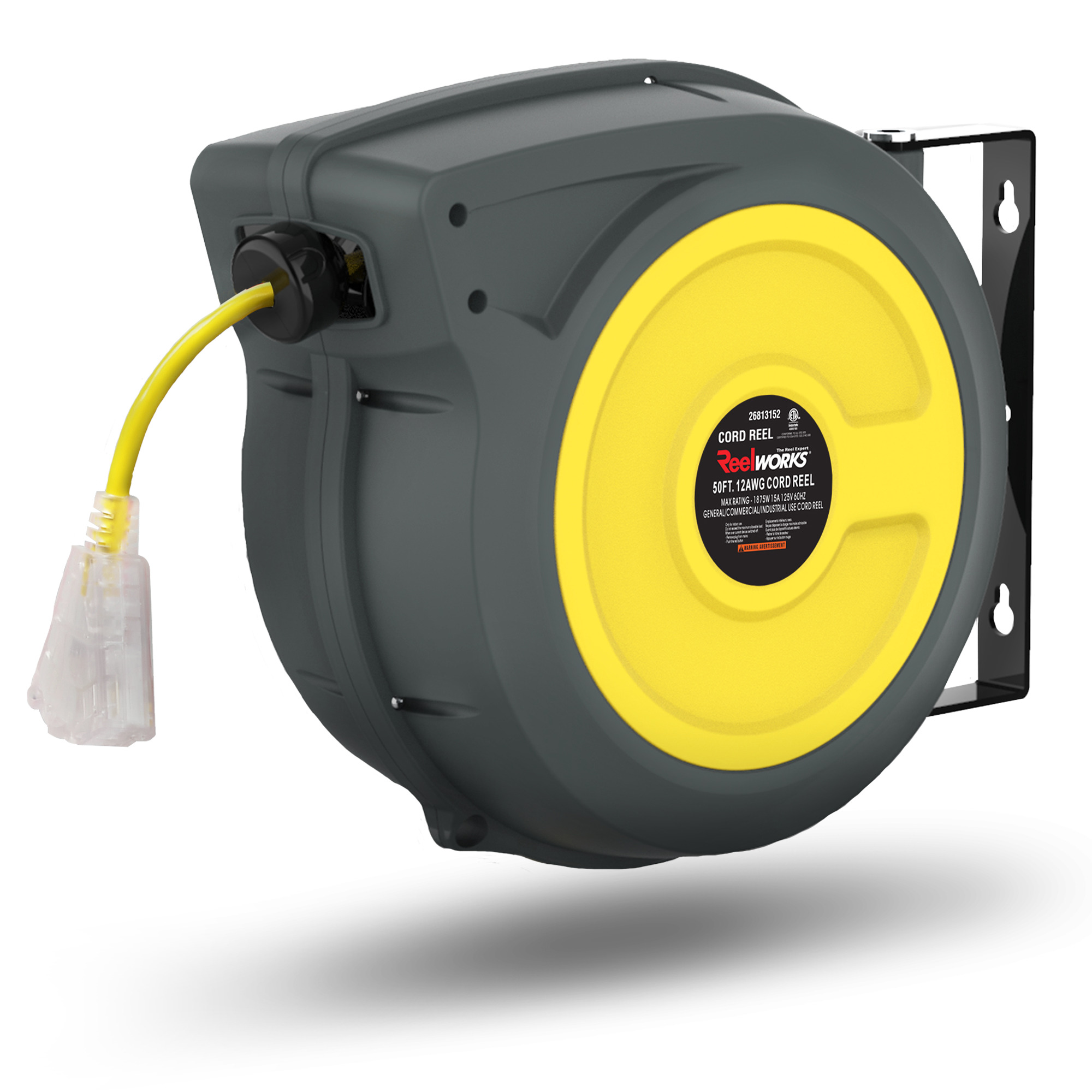 ReelWorks, Electrical Cord Reel, Retractable 3/8in. x 50ft., Length 50 ft, Cable Gauge 12 Model# TRI-GUR025